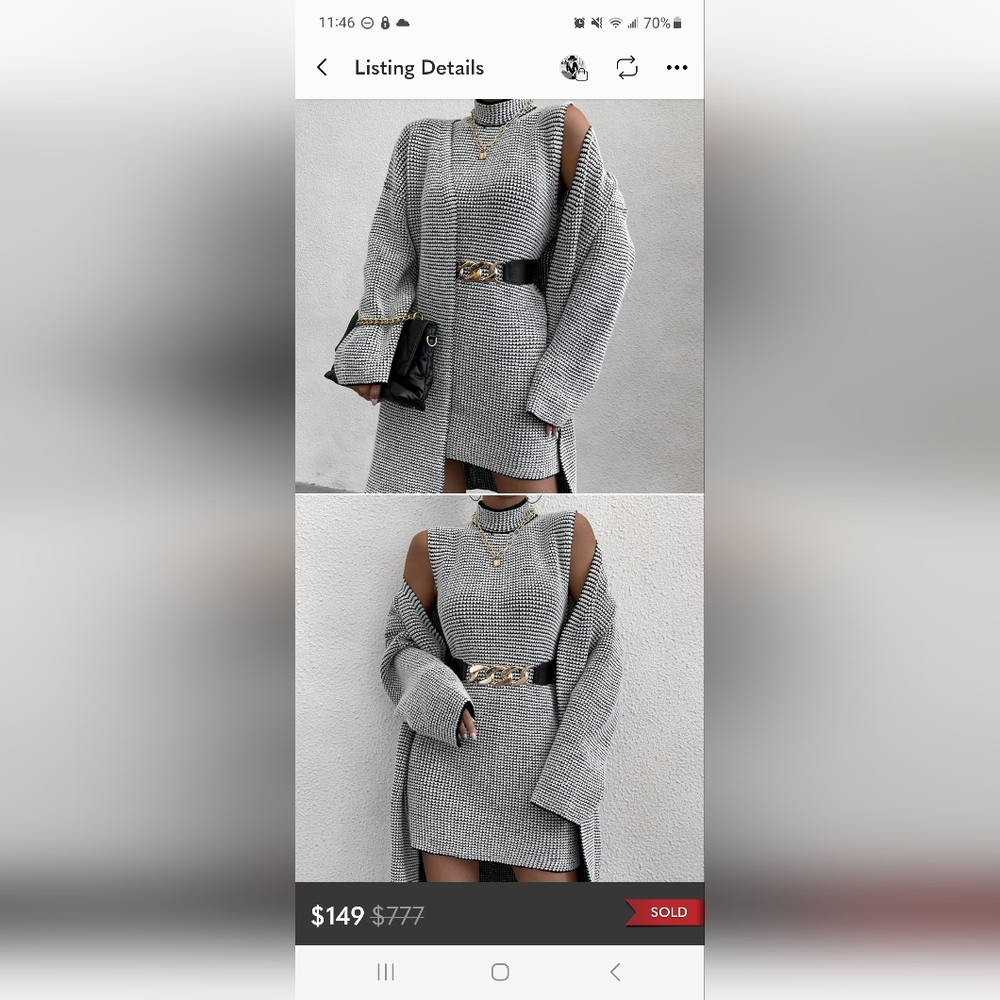 Turtleneck Drop Shoulder Cardigan & Sweater Dress Black & White
